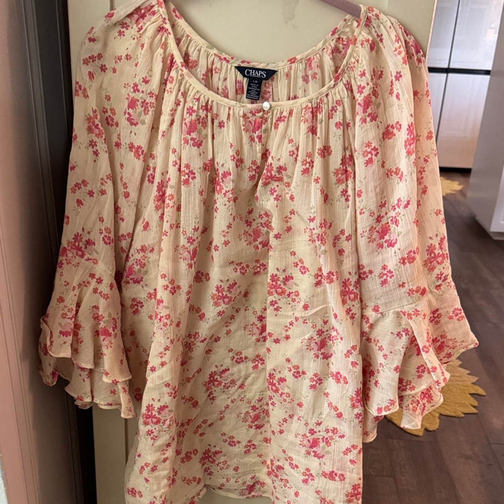Chaps Cream Tunic Top with Pink Floral Print